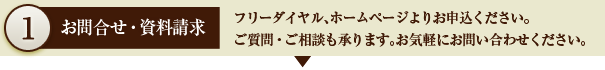 1.お問い合わせ・資料請求　フリーダイヤル、ホームページよりお申込ください。ご質問・ご相談も承ります。お気軽にお問い合わせください。