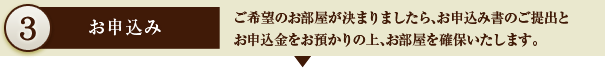 3.お申し込み　ご希望のお部屋が決まりましたら、お申込み書のご提出とお申込金をお預かりの上、お部屋を確保いたします。