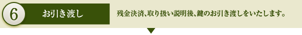 6.お引き渡し　残金決済、取り扱い説明後、鍵のお引き渡しをいたします。